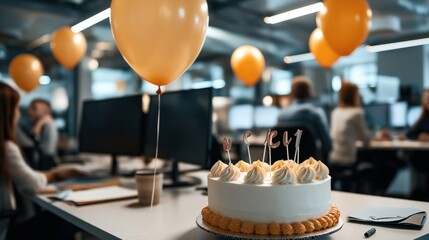 Office celebration setup with a decorated cake and orange balloons on a desk, people working in the background, computer monitors, and office lighting.