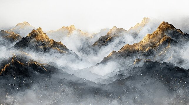 A serene mountain landscape with mist and golden highlights, evoking tranquility and beauty.