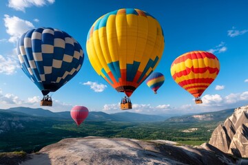 Obraz premium Sky filled with hot air balloons in various colors floating over a scenic landscape