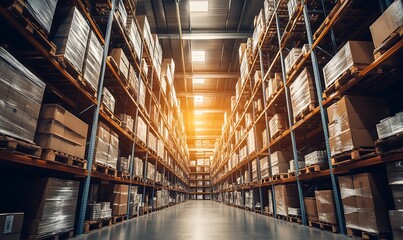 Fototapeta premium A spacious warehouse filled with stacked boxes on shelves, illuminated by warm light.