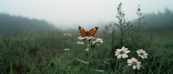 Fototapeta premium A vibrant butterfly gracefully settles on a daisy amidst a misty meadow, embodying the delicate dance between nature and tranquility.