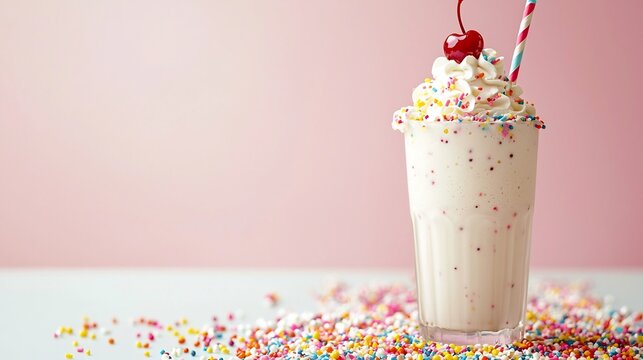 Tall Glass of Colorful Milkshake with Whipped Cream and Cherry Topped Garnish on Table