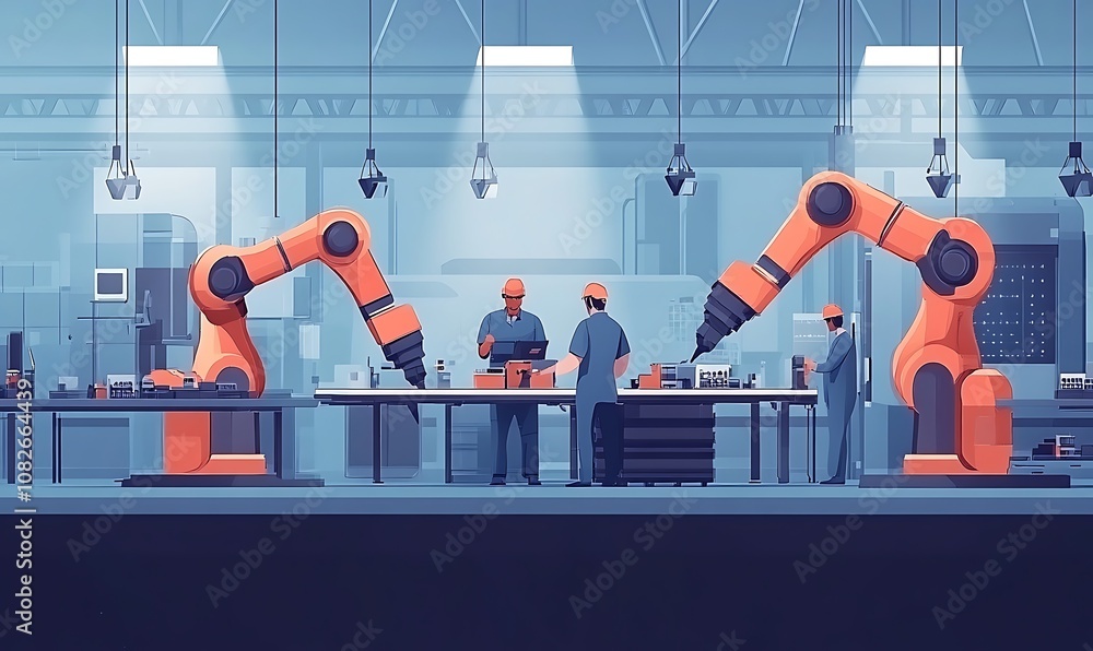 Poster a futuristic factory scene with robotic arms and workers assembling products.
