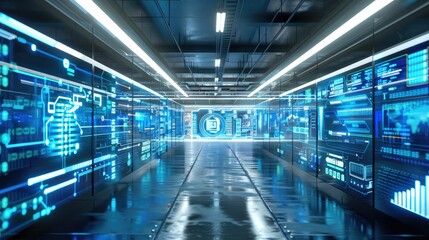 Interior of a futuristic warehouse with digital inventory displays