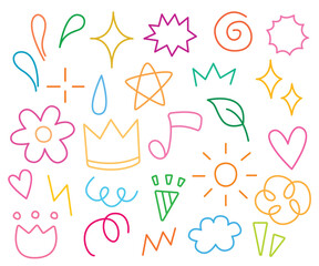 Doodle and abstract hand drawn cartoon with colorful line for illustration. Element of sun flower star music party