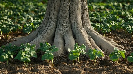 Fototapeta premium A close-up of a tree in an agroforestry system with crops growing around its base 