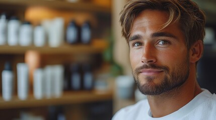 Fototapeta premium Male patient reflects on his appearance in a mirror during a personal grooming session