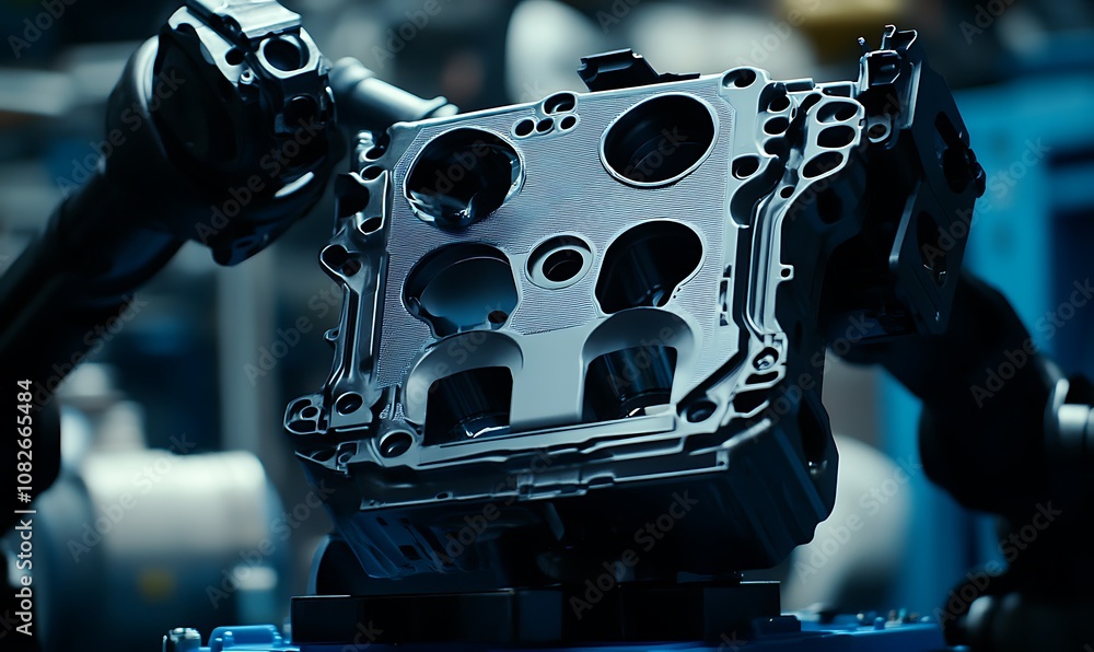 Poster a close-up of a metallic engine component, showcasing precision engineering and design.