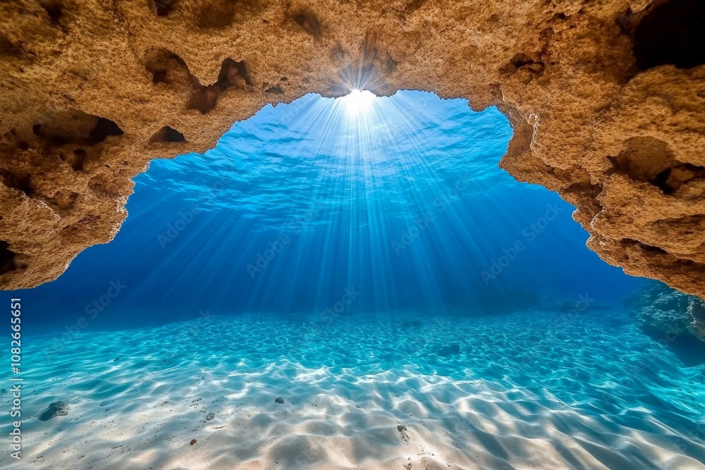Poster Underwater cave with light streaming through openings, creating a mysterious and beautiful scene