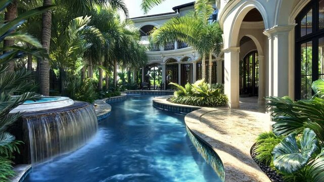 Home pool design with tropical plants, elegant pool deck decor, and contemporary water features