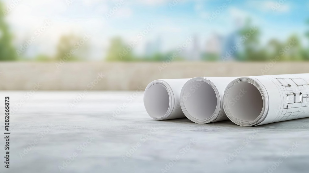 Poster rolls of architectural blueprints on a surface with a blurred background.