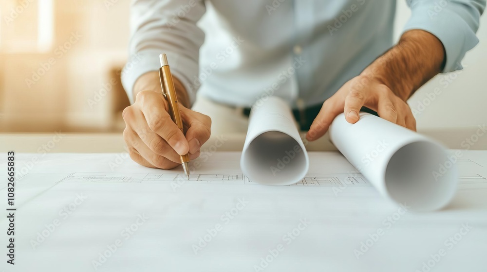 Poster an architect drafting plans with rolled blueprints on a table in a bright workspace.