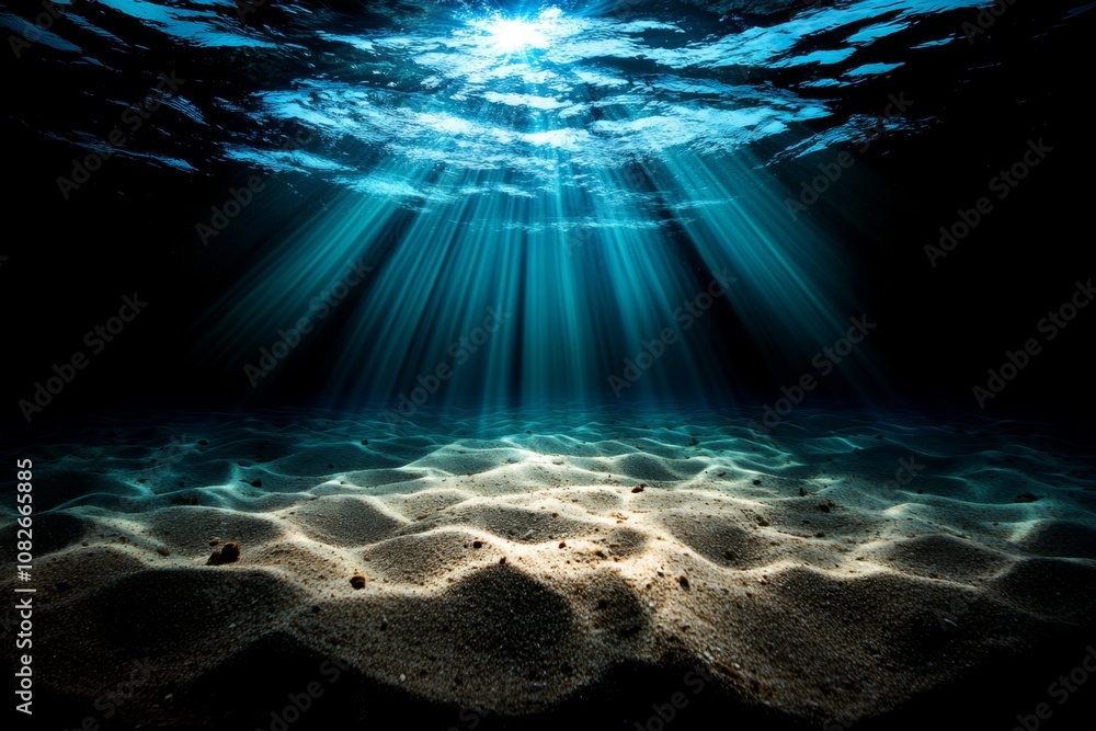 Poster Underwater landscape with gentle waves rippling above, creating soft light patterns on the ocean floor