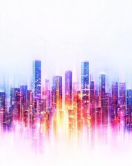 Vibrant city skyline illuminated by colorful lights against a bright background.