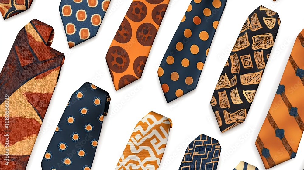 Poster collection of colorful ties featuring unique patterns and designs in shades of orange and blue, perf