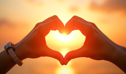 Two hands with fingers make the shape of a heart, at sunset, sunrise