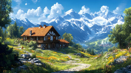 Obraz premium Illustration - Mountain House Landscape, Snow Peaks, Valley, Wildflowers