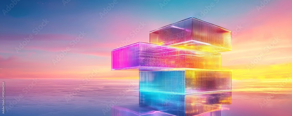Poster abstract digital art showcasing colorful illuminated cubes in a dynamic sunset.