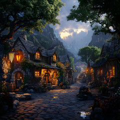 Obraz premium Illustration of Cozy Village Street at Dusk