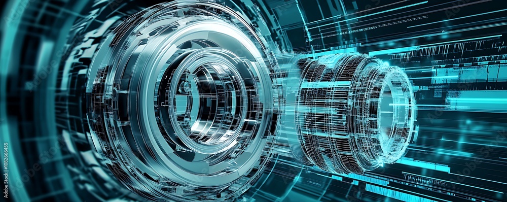 Poster a futuristic digital representation of interconnected gears and circuits.