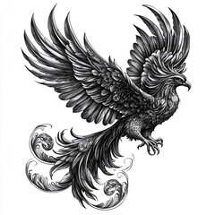 Obraz premium A black and white vector illustration of an elegant phoenix in mid-flight, wings spread wide. 