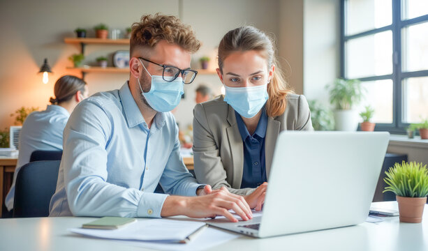 colleagues in the office are working in medical masks in front of a laptop
