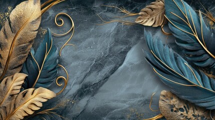 Elegant and Artistic Background Featuring Luxury Gold and Blue Leaves on a Dark Marble Texture with Graceful Swirls and Delicate Details for Stylish Decor