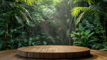 Podium Stage mockup with Stone and green tropical leaves background
