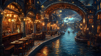 Fototapeta premium Illustration - Enchanting Canal City Nightscape Fantasy Tavern