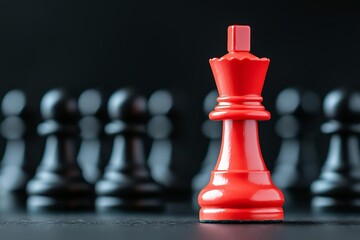 A striking red king chess piece stands out against a backdrop of black pawns.