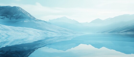 A tranquil, icy landscape mirrors mountain reflections under a serene sky, evoking a sense of peace and wonder.
