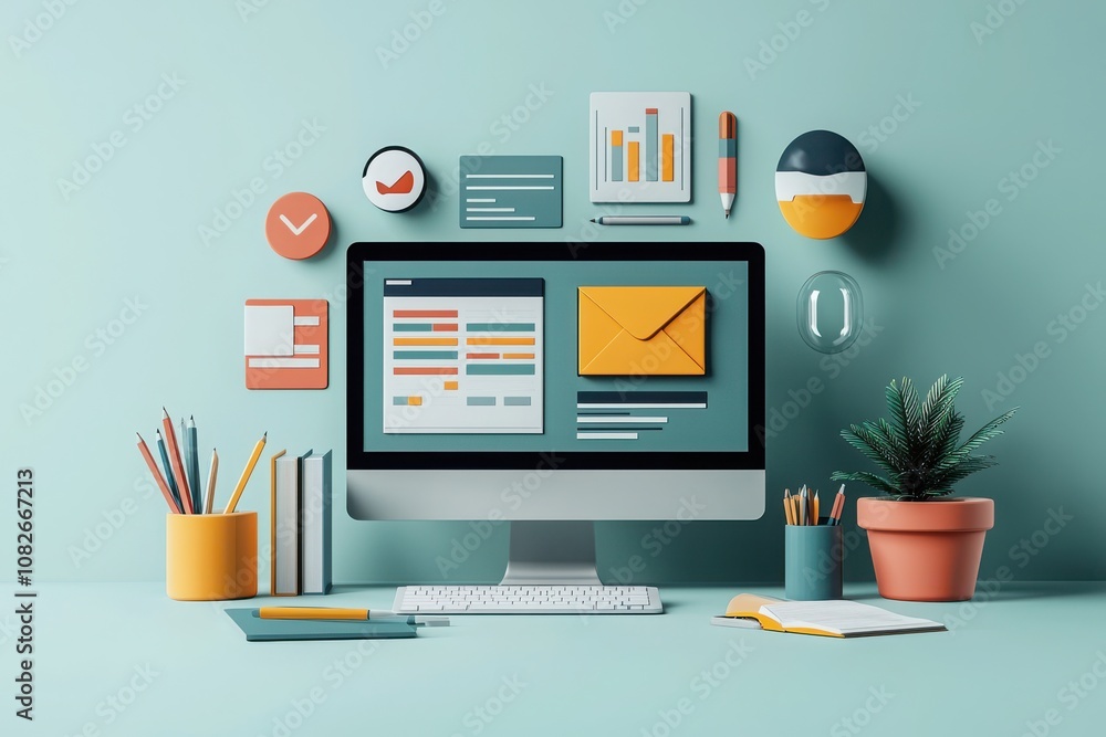Poster digital workspace setup home office graphic design modern environment front view technology concepts