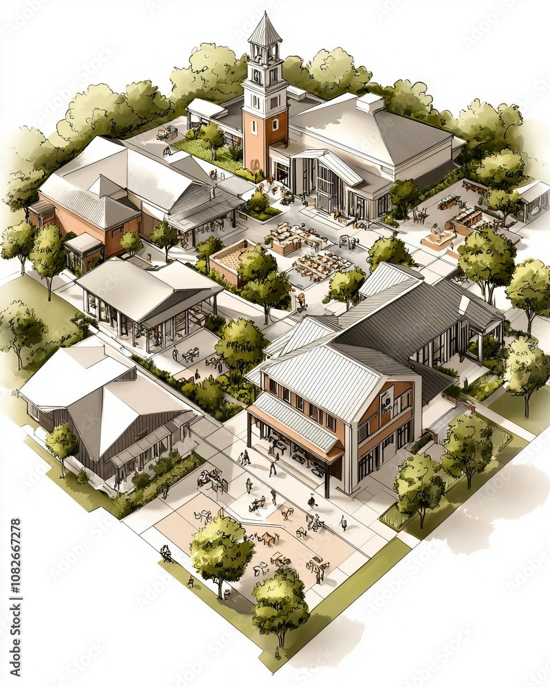 Poster aerial view of a charming community layout featuring various buildings and green spaces.