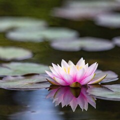 a lotus flower floating on still water, with shallow focus creating a soft reflection and blurring the surrounding lily pads, emphasizing the calm and peaceful scene.