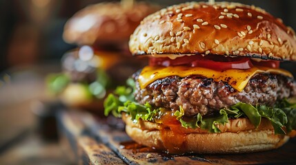 A close-up of a perfectly grilled hamburger with melting cheese and crisp lettuce on a sesame seed bun.