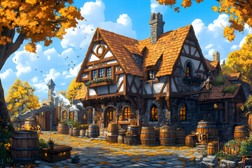 Illustration - Autumn Tavern, Barrels, Fantasy Village, Medieval Building