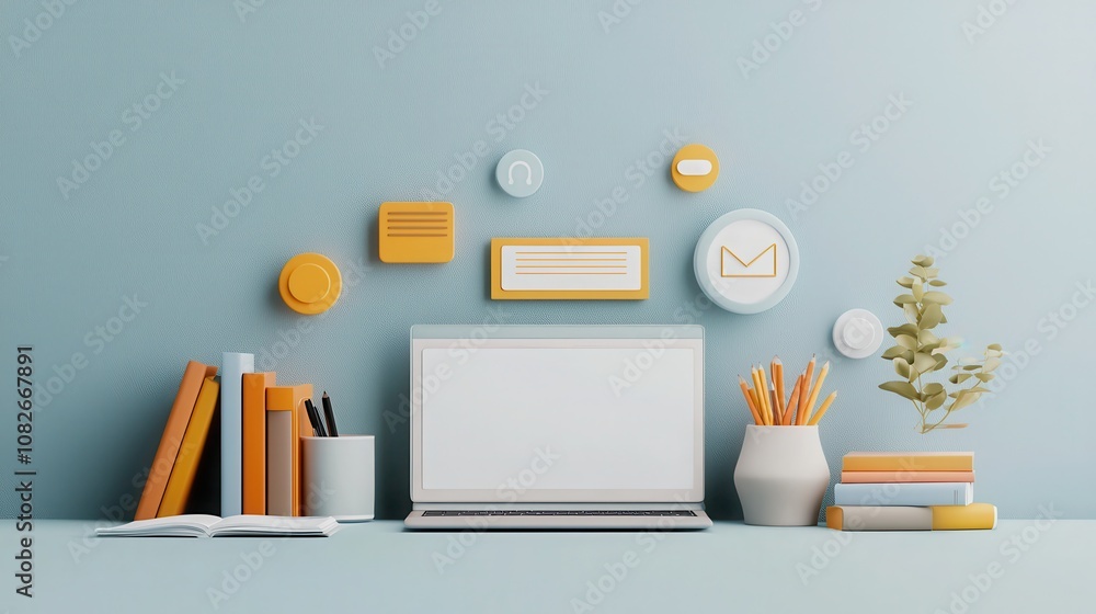 Poster online study session home office digital workspace minimalist environment front view learning concep