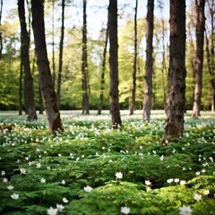 Fototapeta premium Design an extreme wide shot of a serene, sprawling forest clearing in spring, where the ground is covered in a blanket of delicate spring flowers. Include towering trees in the background and a gentle