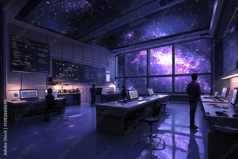 Poster interactive cosmic classroom experience futuristic space lab digital learning environment high-tech 