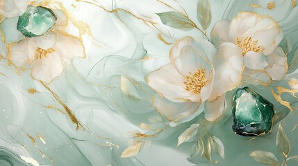 Elegant Floral Abstract Art with Soft Green Tones, Gold Accents, and Textured Rocks Portraying Natural Beauty and Serenity in Modern Design