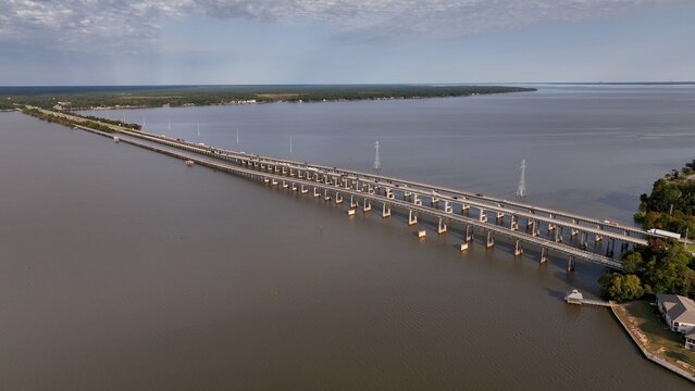 Traveling across America on interstate highway I-95 crossing Lake Marion, SC cars and trucks shipping and transportation
