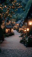 Fototapeta premium Illustration of Cozy Village Lane with Cobblestone Path and Warm Lights