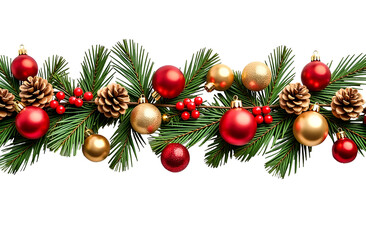 Christmas garland with red and gold baubles, berries, and pinecones