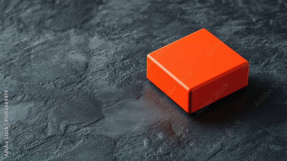 Poster a vibrant orange box resting on a textured dark surface, showcasing a minimalist design and bold col