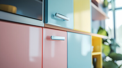 Detailed shot of pastel-colored vintage cabinet doors in a modern kitchen, emphasizing their craftsmanship, under perfect lighting. Exquisite. Illustration