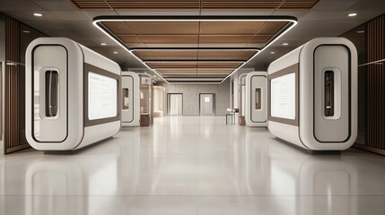 Futuristic online learning space modern campus interior design sleek environment wide-angle view innovative concept