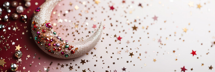 Obraz premium Festive Crescent Moon Ornament with Glitter and Star Confetti