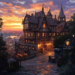 Illustration - Medieval Town at Sunset with Lit Building