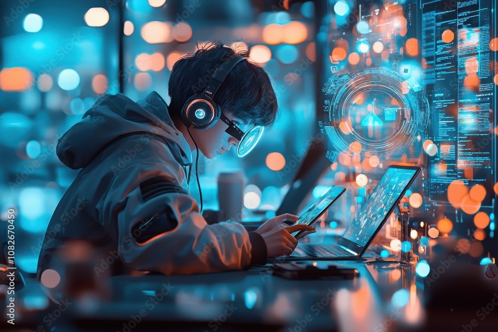 Poster futuristic learning action modern workspace digital environment tech-driven study urban viewpoint in