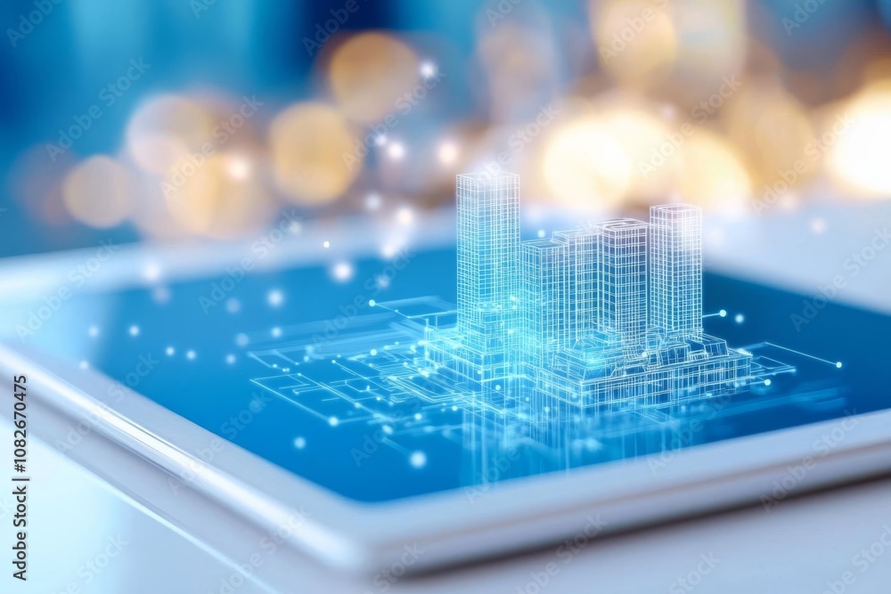 Poster futuristic building design displayed on a tablet with digital blueprints in a modern setting.